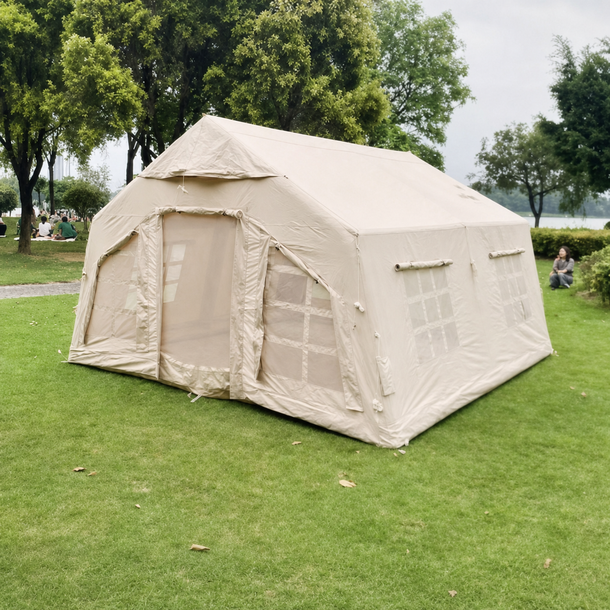 Rows of family relief shelters prepared for temporary accommodation