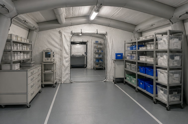 Illustrative medical support and storage shelter interior