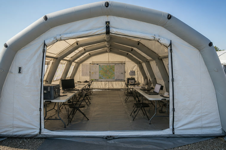 Illustrative relief coordination shelter arranged with tables and maps