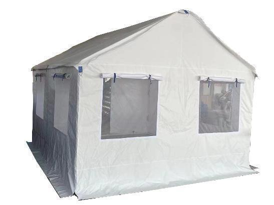 White rapid-deployment shelter prepared for medical support projects